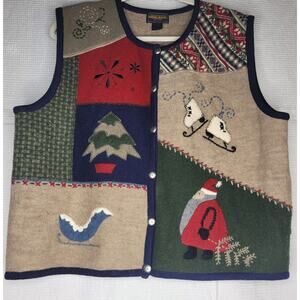 Woolrich Women XL Vest Christmas Sweather Ugly Santa Holiday Wool Patchwork VTG